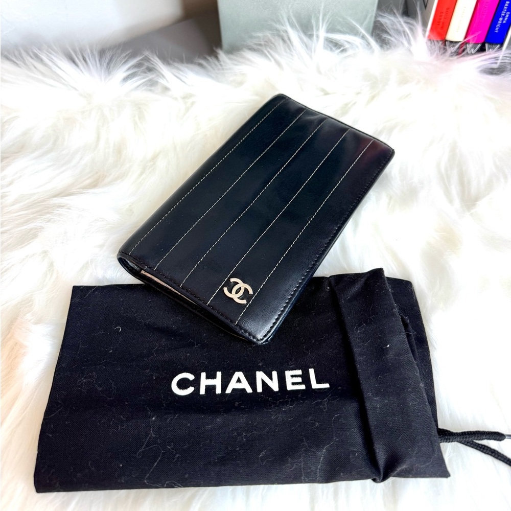 CHANEL Black Quilted Long Wallet with Gold CC Logo